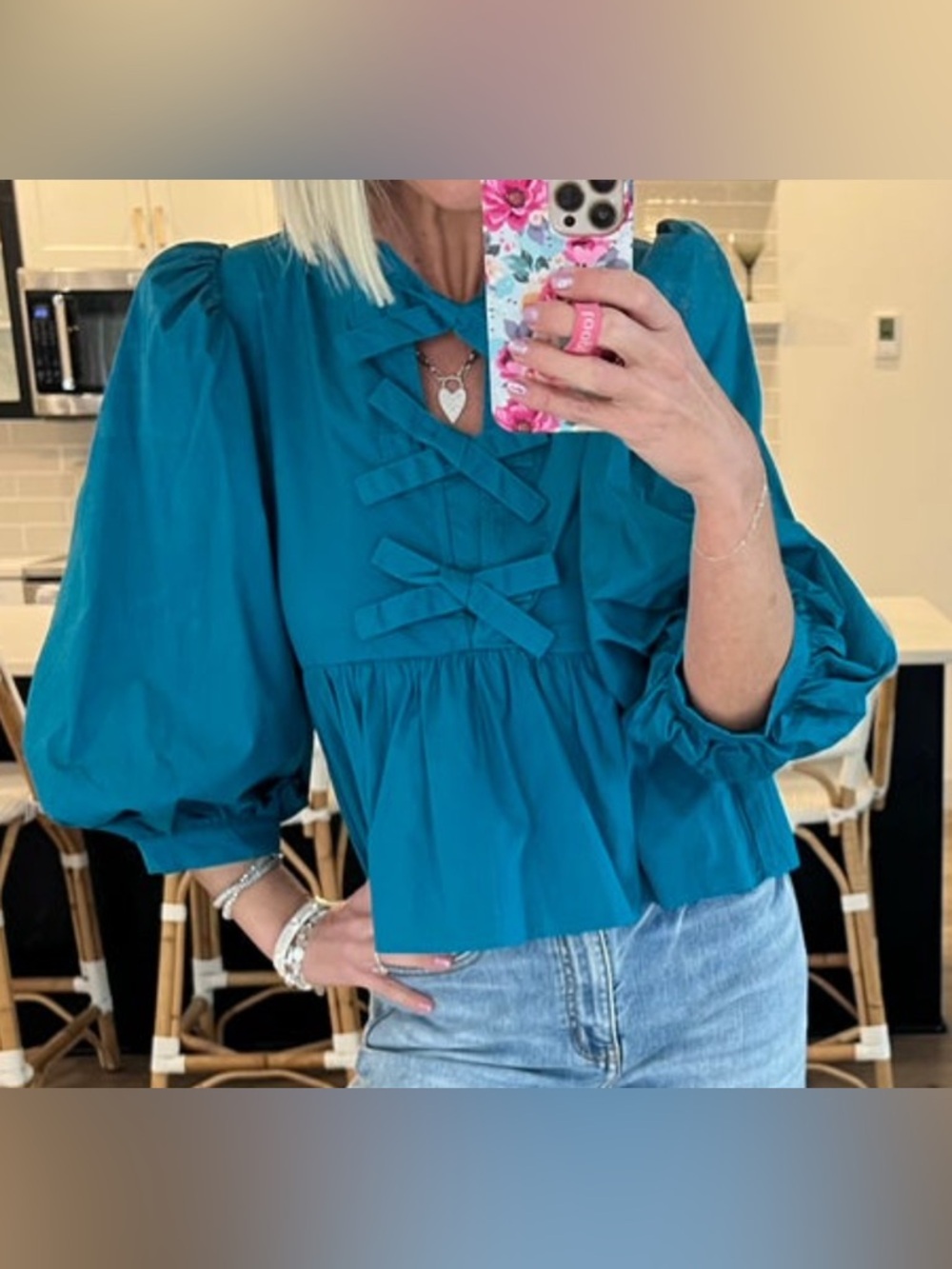 Teal Peasant Balloon Sleeve Peplum Bow Tied Blouse - Small